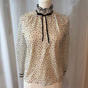 LOFT black & white polka dot ruffle tie‑neck blouse, XSP